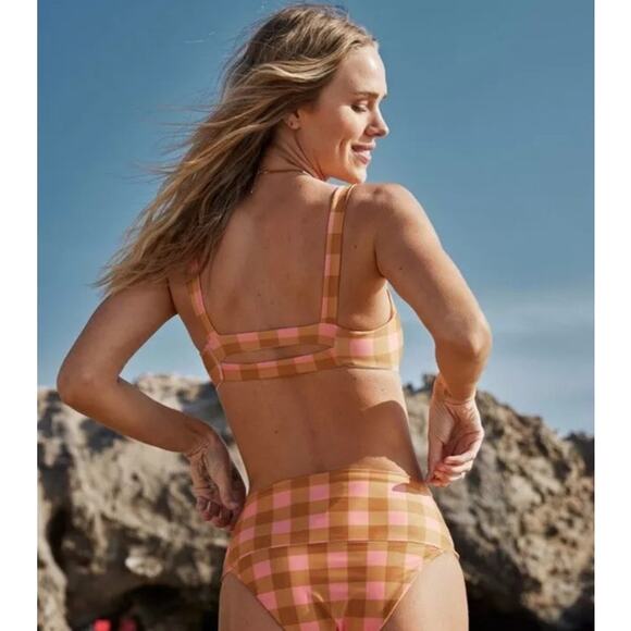 L*Space Jess Bikini Top in Brown Pink Plaid Size DD NWT - Picture 2 of 6